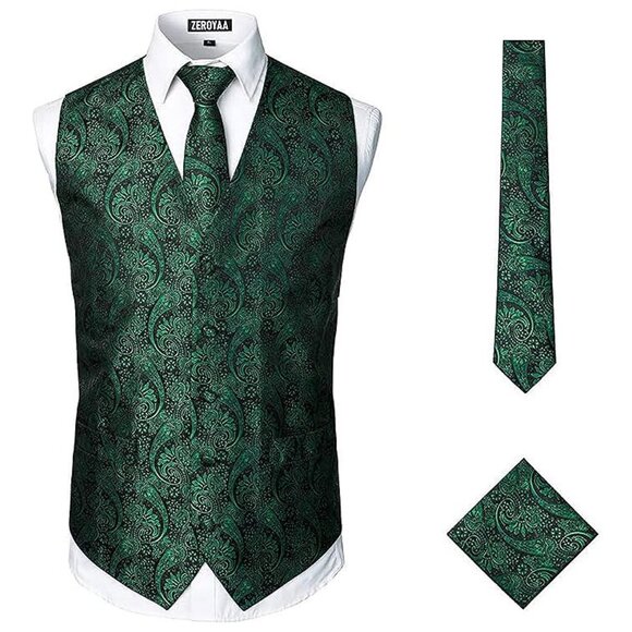 MENS Classic 3pc Jacquard Paisley Vest Set Dark Green